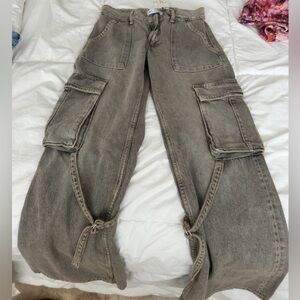 Zara Washed Olive-Grey Cargo Wide Leg Pants